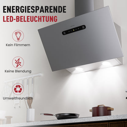 Hotte aspirante inclinée A+++ 60 cm, évacuation et recyclage, débit d'air 420 m³/h, 3 vitesses & booster, 2 LED, hotte avec 2 filtres à charbon actif, 1 filtre à graisse, hotte murale, noir & argent