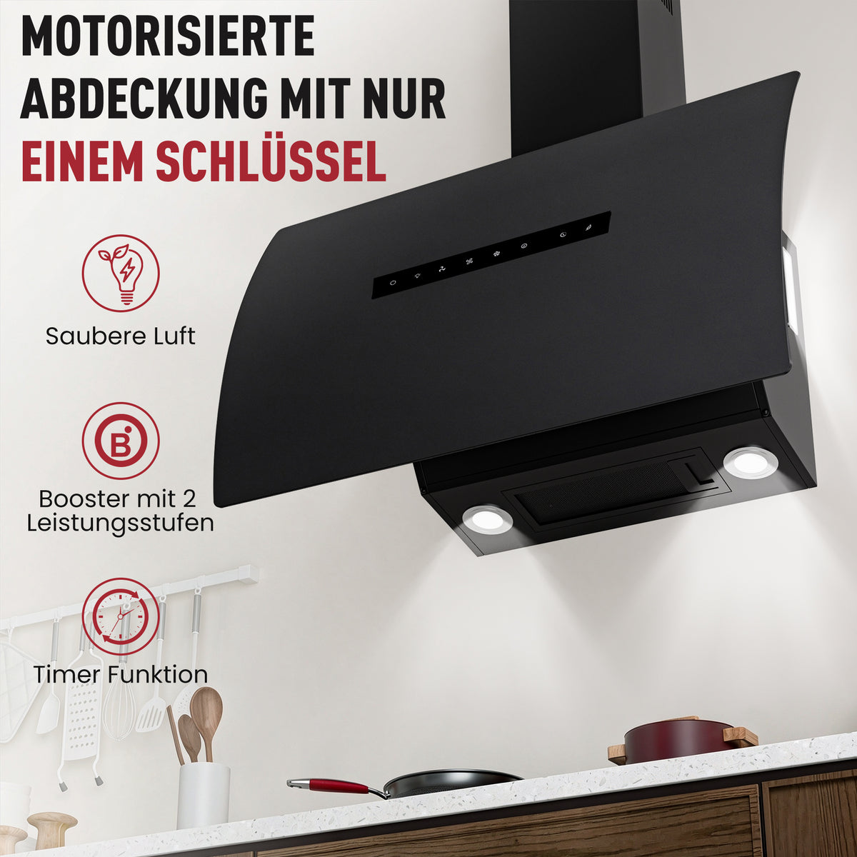 Hotte aspirante inclinée A+++ 60 cm, mode évacuation et recyclage, débit d'air 740 m³/h, avec 2 filtres à charbon actif, 1 filtre à graisse, 3 niveaux et booster, 2 LED & RGB, hotte murale, noir