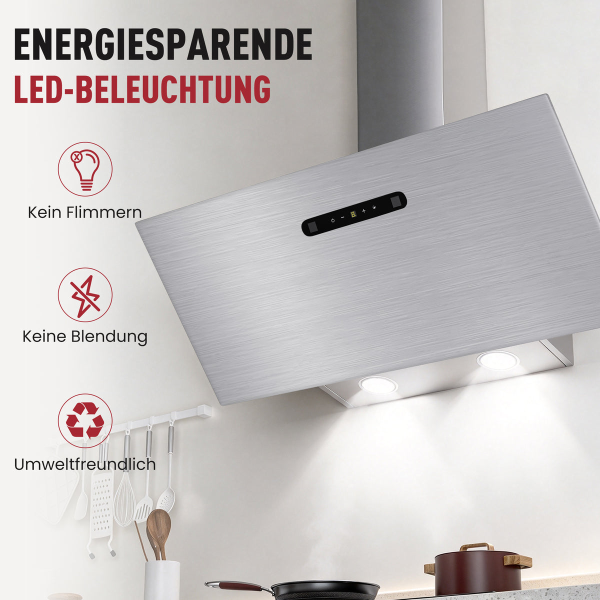 Hotte aspirante inclinée A+++ 60 cm, évacuation et recyclage, débit d'air 420 m³/h, 3 vitesses & booster, 2 LED, hotte avec 2 filtres à charbon actif, 1 filtre à graisse, hotte murale, noir & argent