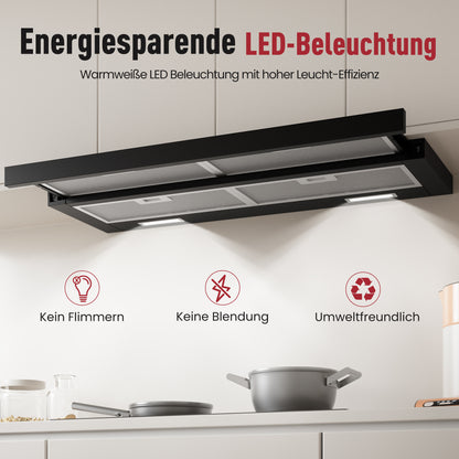 Hotte tiroir A+++ 90 cm en mode évacuation & recyclage avec 400 m³/h, hotte aspirante encastrable avec 2 filtres à charbon actif, 4 filtres à graisse, 2 vitesses, 2 LED, hotte aspirante 60 cm sous meuble, noire