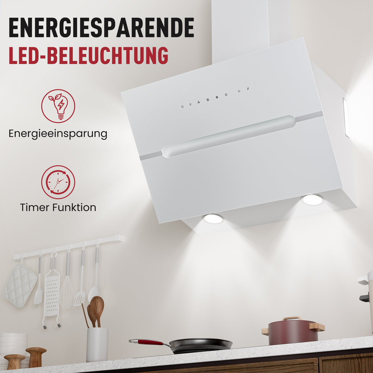 Hotte aspirante inclinée A+++ 60 cm recyclage & évacuation avec débit d'air de 720 m³/h, hotte avec 2 filtres à charbon actif, 1 filtre à graisse, 3 vitesses & booster, 2 LED & RVB, hotte murale, noir & blanc
