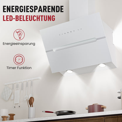 Hotte aspirante inclinée A+++ 60 cm recyclage & évacuation avec débit d'air de 720 m³/h, hotte avec 2 filtres à charbon actif, 1 filtre à graisse, 3 vitesses & booster, 2 LED & RVB, hotte murale, noir & blanc