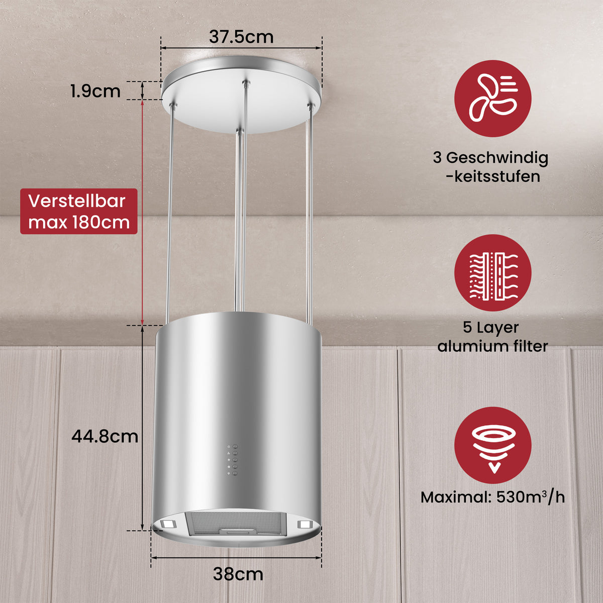 A+ Island hood, recirculating, ceiling-mounted with 530 m³/h extraction rate, island extractor hood with 2 activated carbon filters, 1 grease filter, 3 speeds & booster, 2 LEDs, extractor hood, silver & black