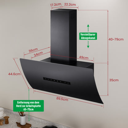 Hotte aspirante inclinée A+++ 60 cm, mode évacuation et recyclage, débit d'air 740 m³/h, avec 2 filtres à charbon actif, 1 filtre à graisse, 3 niveaux et booster, 2 LED & RGB, hotte murale, noir
