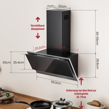 A+++ Angled cooker hood 60cm recirculation & extraction with 400 m³/h air extraction rate, extractor hood with 2 activated carbon filters, 1 grease filter, 3 speeds, 2 LEDs, wall-mounted cooker hoods, black & black-silver