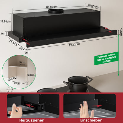 Hotte tiroir A+++ 90 cm en mode évacuation & recyclage avec 400 m³/h, hotte aspirante encastrable avec 2 filtres à charbon actif, 4 filtres à graisse, 2 vitesses, 2 LED, hotte aspirante 60 cm sous meuble, noire