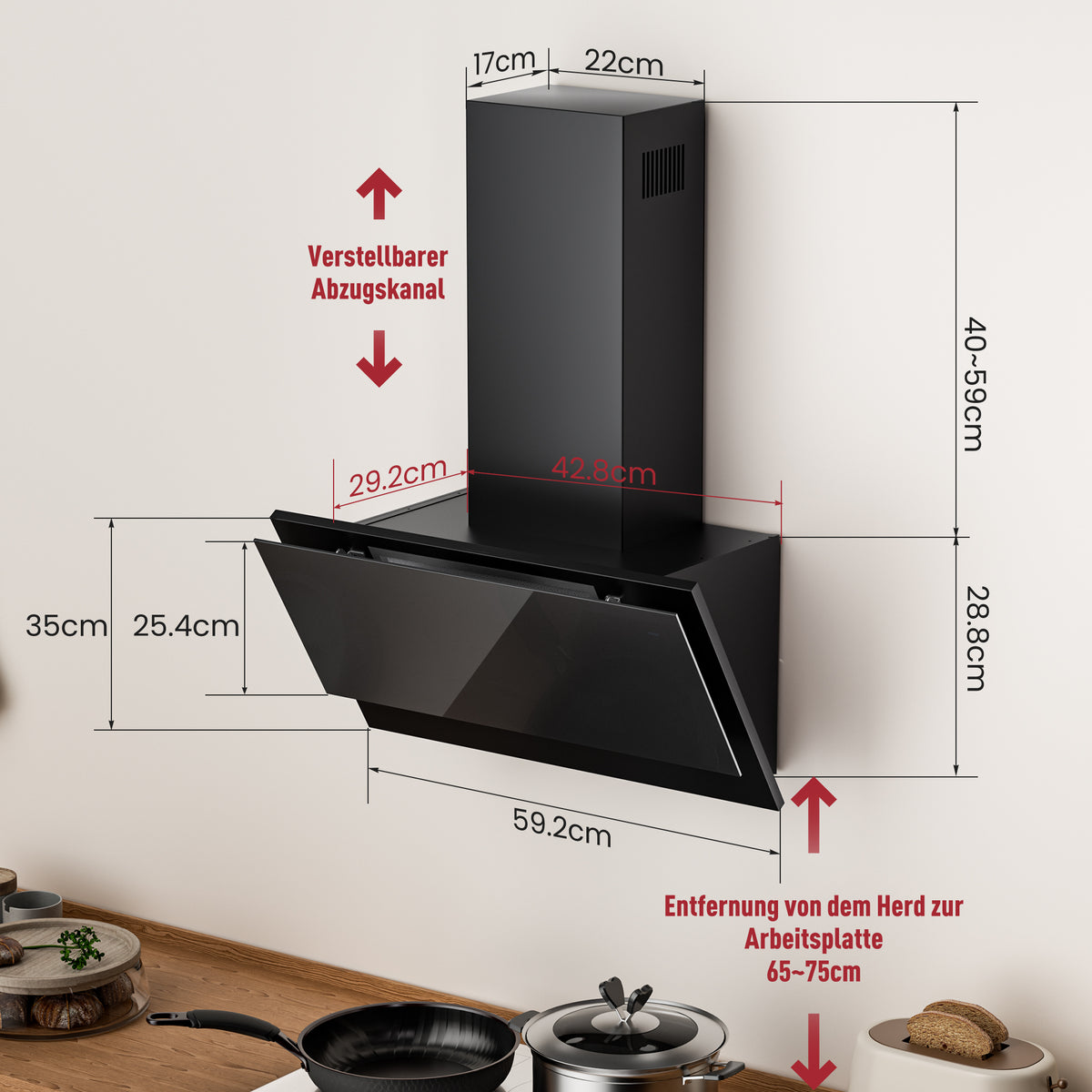 A+++ Angled cooker hood 60cm recirculation & extraction with 400 m³/h air extraction rate, extractor hood with 2 activated carbon filters, 1 grease filter, 3 speeds, 2 LEDs, wall-mounted cooker hoods, black & black-silver