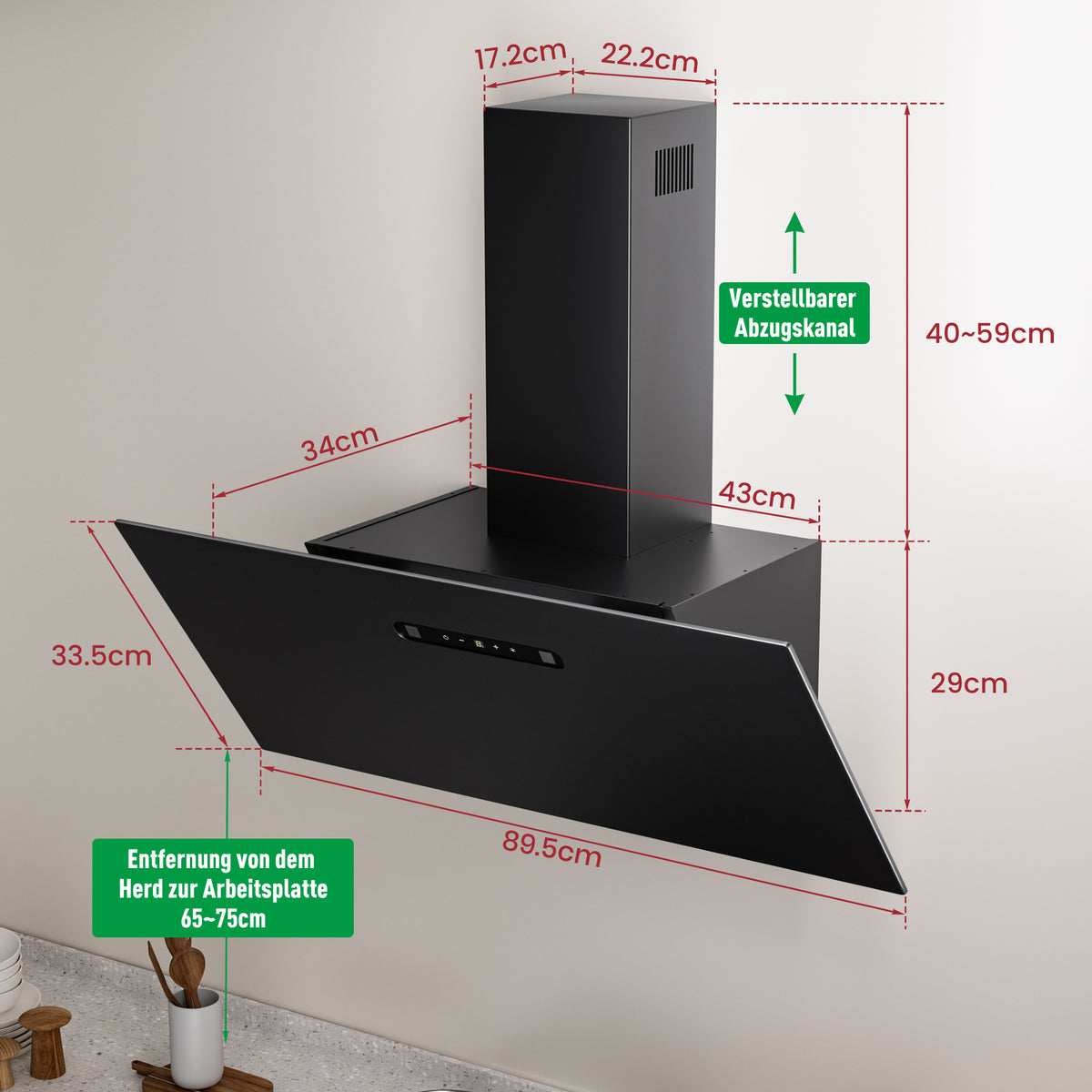Hotte aspirante inclinée A+++ 60 cm, évacuation et recyclage, débit d'air 420 m³/h, 3 vitesses & booster, 2 LED, hotte avec 2 filtres à charbon actif, 1 filtre à graisse, hotte murale, noir & argent