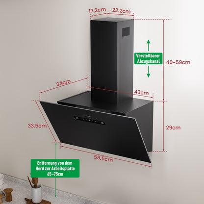 Hotte aspirante inclinée A+++ 60 cm, évacuation et recyclage, débit d'air 420 m³/h, 3 vitesses & booster, 2 LED, hotte avec 2 filtres à charbon actif, 1 filtre à graisse, hotte murale, noir & argent
