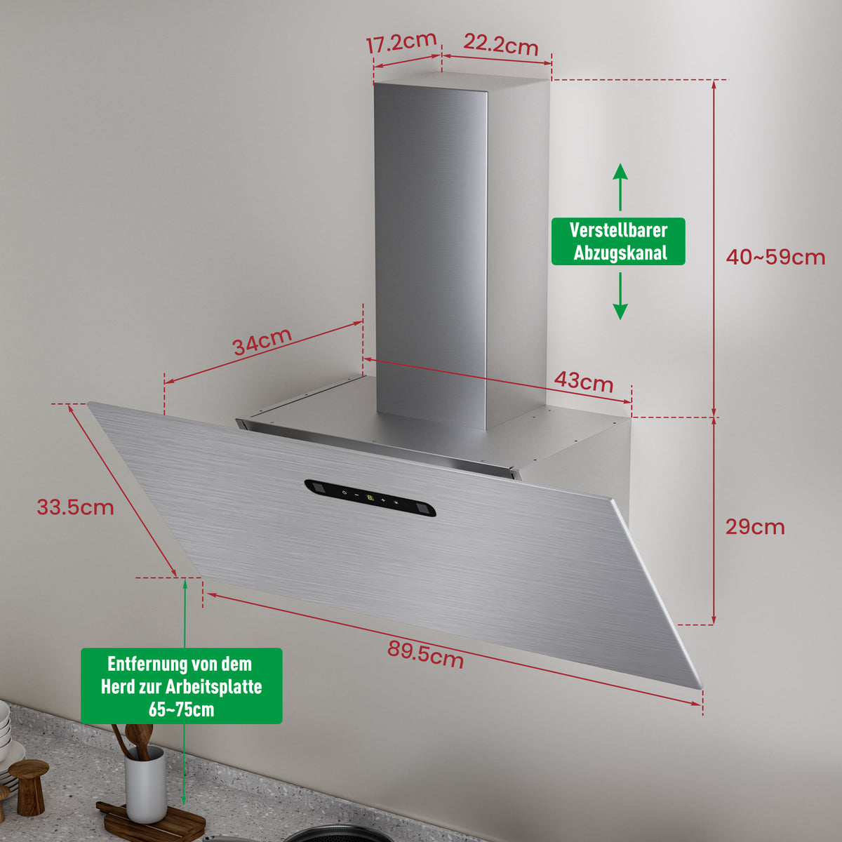 Hotte aspirante inclinée A+++ 60 cm, évacuation et recyclage, débit d'air 420 m³/h, 3 vitesses & booster, 2 LED, hotte avec 2 filtres à charbon actif, 1 filtre à graisse, hotte murale, noir & argent
