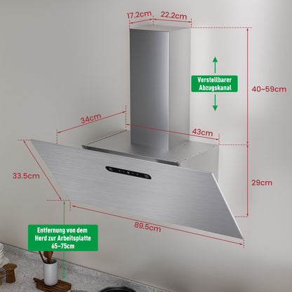 Hotte aspirante inclinée A+++ 60 cm, évacuation et recyclage, débit d'air 420 m³/h, 3 vitesses & booster, 2 LED, hotte avec 2 filtres à charbon actif, 1 filtre à graisse, hotte murale, noir & argent