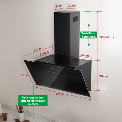 A+++ Angled cooker hood 60cm recirculation & extraction with 420 m³/h air extraction rate, extractor hood with 2 activated carbon filters, 1 grease filter, 3 speeds & booster, 2 LEDs, wall-mounted cooker hoods, black & white