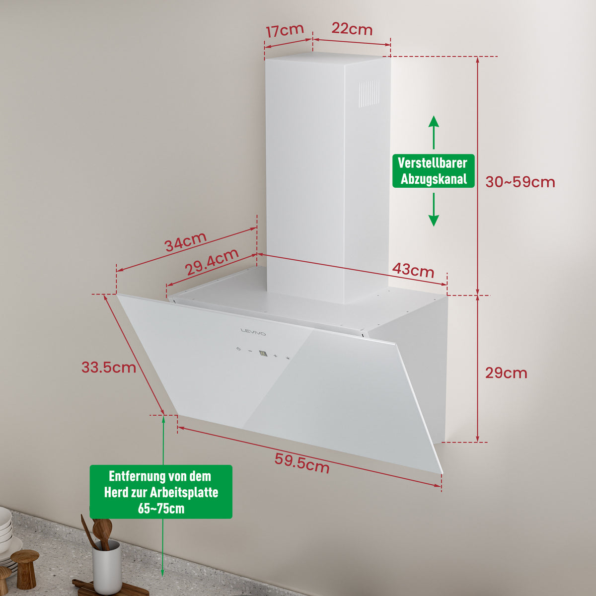 A+++ Angled cooker hood 60cm recirculation & extraction with 420 m³/h air extraction rate, extractor hood with 2 activated carbon filters, 1 grease filter, 3 speeds & booster, 2 LEDs, wall-mounted cooker hoods, black & white
