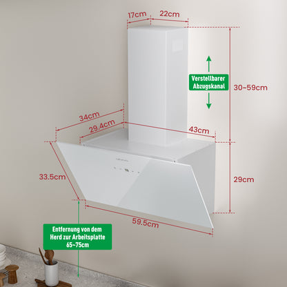 A+++ Angled cooker hood 60cm recirculation & extraction with 420 m³/h air extraction rate, extractor hood with 2 activated carbon filters, 1 grease filter, 3 speeds & booster, 2 LEDs, wall-mounted cooker hoods, black & white