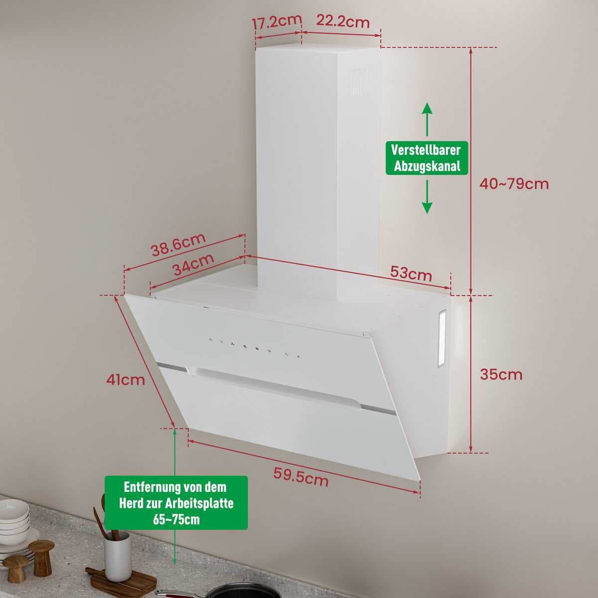 Hotte aspirante inclinée A+++ 60 cm recyclage & évacuation avec débit d'air de 720 m³/h, hotte avec 2 filtres à charbon actif, 1 filtre à graisse, 3 vitesses & booster, 2 LED & RVB, hotte murale, noir & blanc