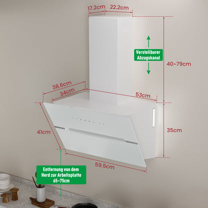 Hotte aspirante inclinée A+++ 60 cm recyclage & évacuation avec débit d'air de 720 m³/h, hotte avec 2 filtres à charbon actif, 1 filtre à graisse, 3 vitesses & booster, 2 LED & RVB, hotte murale, noir & blanc