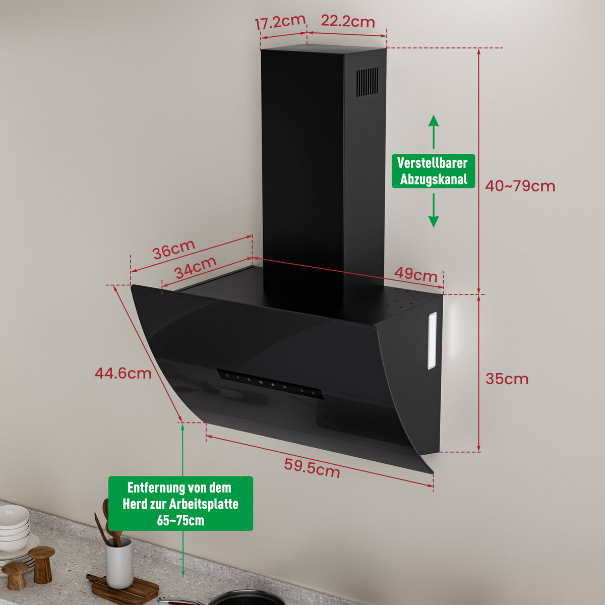 Hotte aspirante inclinée A+++ 60 cm, mode évacuation et recyclage, débit d'air 740 m³/h, avec 2 filtres à charbon actif, 1 filtre à graisse, 3 niveaux et booster, 2 LED & RGB, hotte murale, noir