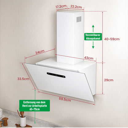 Hotte aspirante inclinée A+++ 60 cm, évacuation et recyclage, débit d'air 420 m³/h, 3 vitesses & booster, 2 LED, hotte avec 2 filtres à charbon actif, 1 filtre à graisse, hotte murale, noir & argent