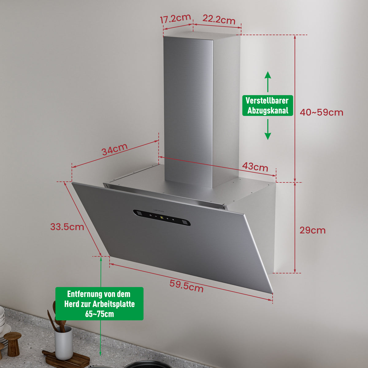 Hotte aspirante inclinée A+++ 60 cm, évacuation et recyclage, débit d'air 420 m³/h, 3 vitesses & booster, 2 LED, hotte avec 2 filtres à charbon actif, 1 filtre à graisse, hotte murale, noir & argent