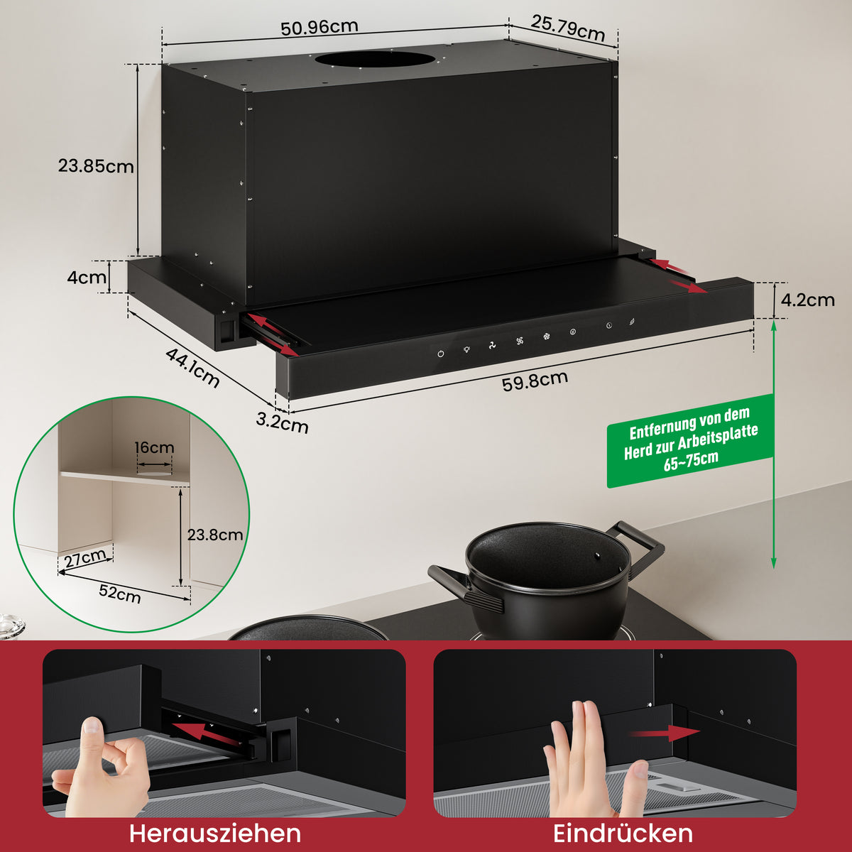Hotte casquette A+++ 60 cm recyclage & évacuation avec 750 m³/h, hotte encastrable avec 2 filtres à charbon actif, 2 filtres à graisse, 3 vitesses & booster, 2 LED, hotte sous meuble 60 cm, noir