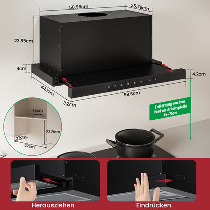 Hotte casquette A+++ 60 cm recyclage & évacuation avec 750 m³/h, hotte encastrable avec 2 filtres à charbon actif, 2 filtres à graisse, 3 vitesses & booster, 2 LED, hotte sous meuble 60 cm, noir