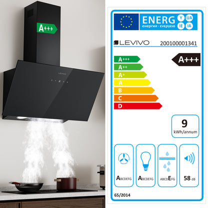 A+++ Angled cooker hood 60cm recirculation & extraction with 420 m³/h air extraction rate, extractor hood with 2 activated carbon filters, 1 grease filter, 3 speeds & booster, 2 LEDs, wall-mounted cooker hoods, black & white