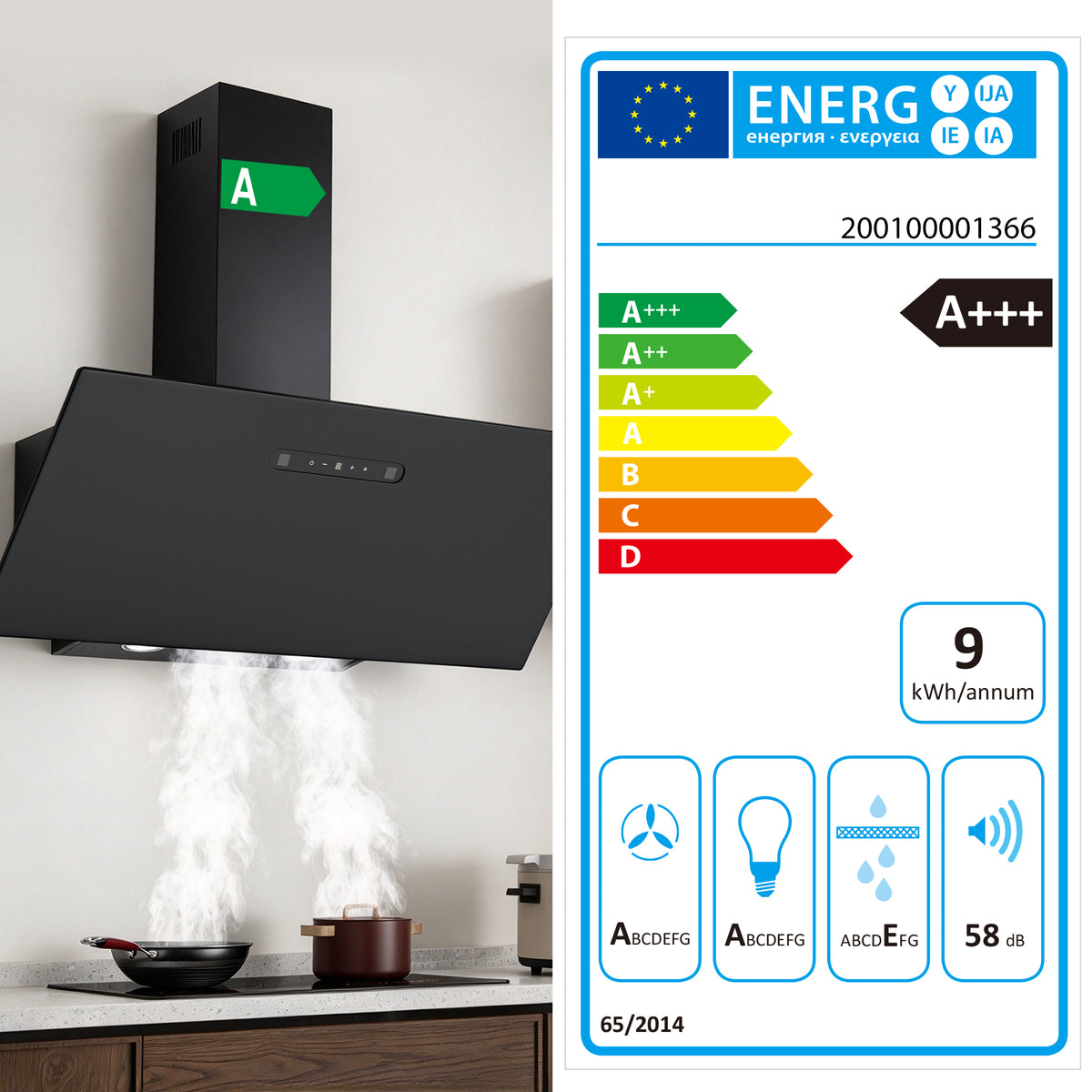 Hotte aspirante inclinée A+++ 60 cm, évacuation et recyclage, débit d'air 420 m³/h, 3 vitesses & booster, 2 LED, hotte avec 2 filtres à charbon actif, 1 filtre à graisse, hotte murale, noir & argent