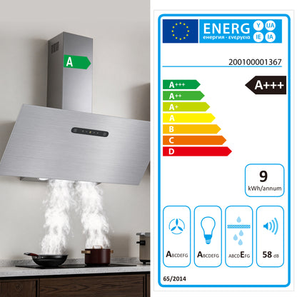 Hotte aspirante inclinée A+++ 60 cm, évacuation et recyclage, débit d'air 420 m³/h, 3 vitesses & booster, 2 LED, hotte avec 2 filtres à charbon actif, 1 filtre à graisse, hotte murale, noir & argent