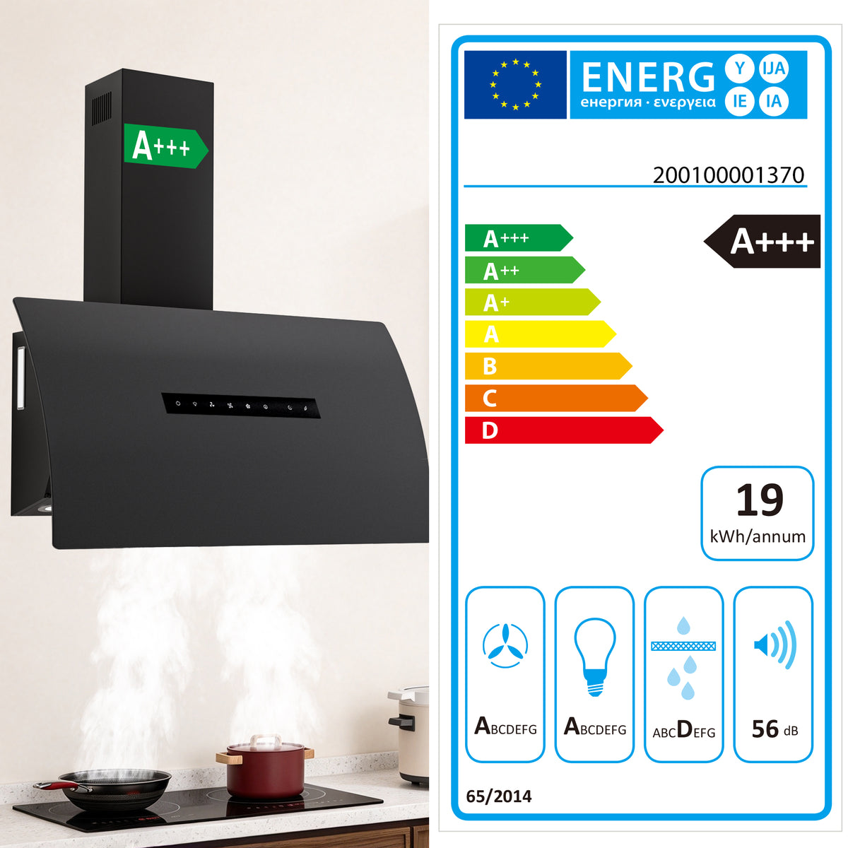 Hotte aspirante inclinée A+++ 60 cm, mode évacuation et recyclage, débit d'air 740 m³/h, avec 2 filtres à charbon actif, 1 filtre à graisse, 3 niveaux et booster, 2 LED & RGB, hotte murale, noir