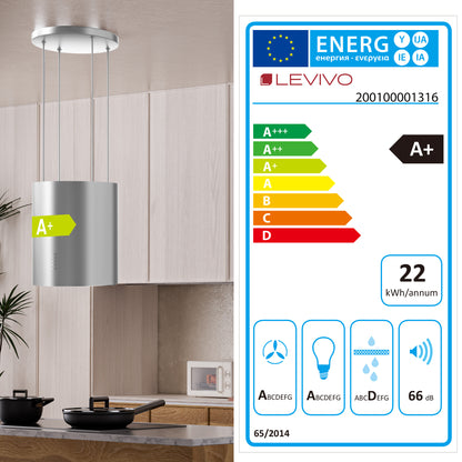A+ Island hood, recirculating, ceiling-mounted with 530 m³/h extraction rate, island extractor hood with 2 activated carbon filters, 1 grease filter, 3 speeds & booster, 2 LEDs, extractor hood, silver & black