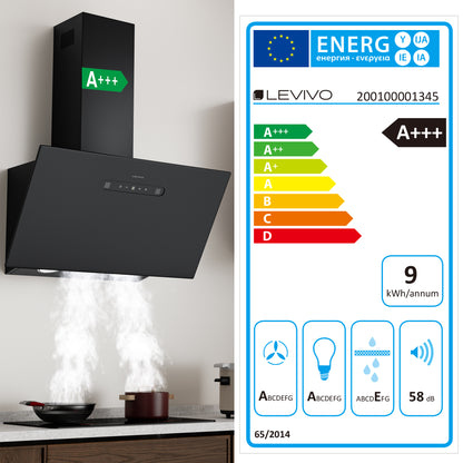 Hotte aspirante inclinée A+++ 60 cm, évacuation et recyclage, débit d'air 420 m³/h, 3 vitesses & booster, 2 LED, hotte avec 2 filtres à charbon actif, 1 filtre à graisse, hotte murale, noir & argent