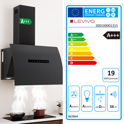 Hotte aspirante inclinée A+++ 60 cm, mode évacuation et recyclage, débit d'air 740 m³/h, avec 2 filtres à charbon actif, 1 filtre à graisse, 3 niveaux et booster, 2 LED & RGB, hotte murale, noir