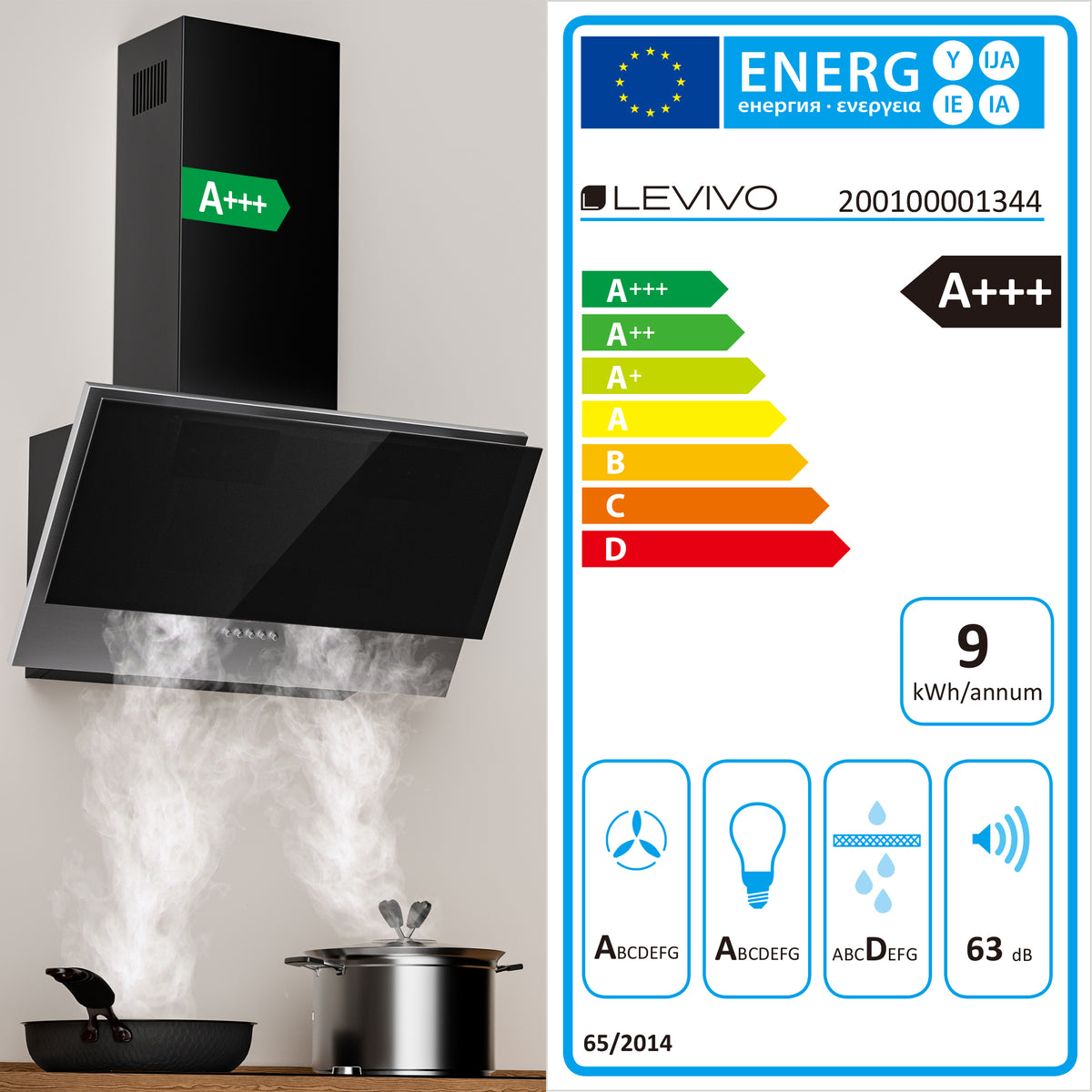 A+++ Angled cooker hood 60cm recirculation & extraction with 400 m³/h air extraction rate, extractor hood with 2 activated carbon filters, 1 grease filter, 3 speeds, 2 LEDs, wall-mounted cooker hoods, black & black-silver