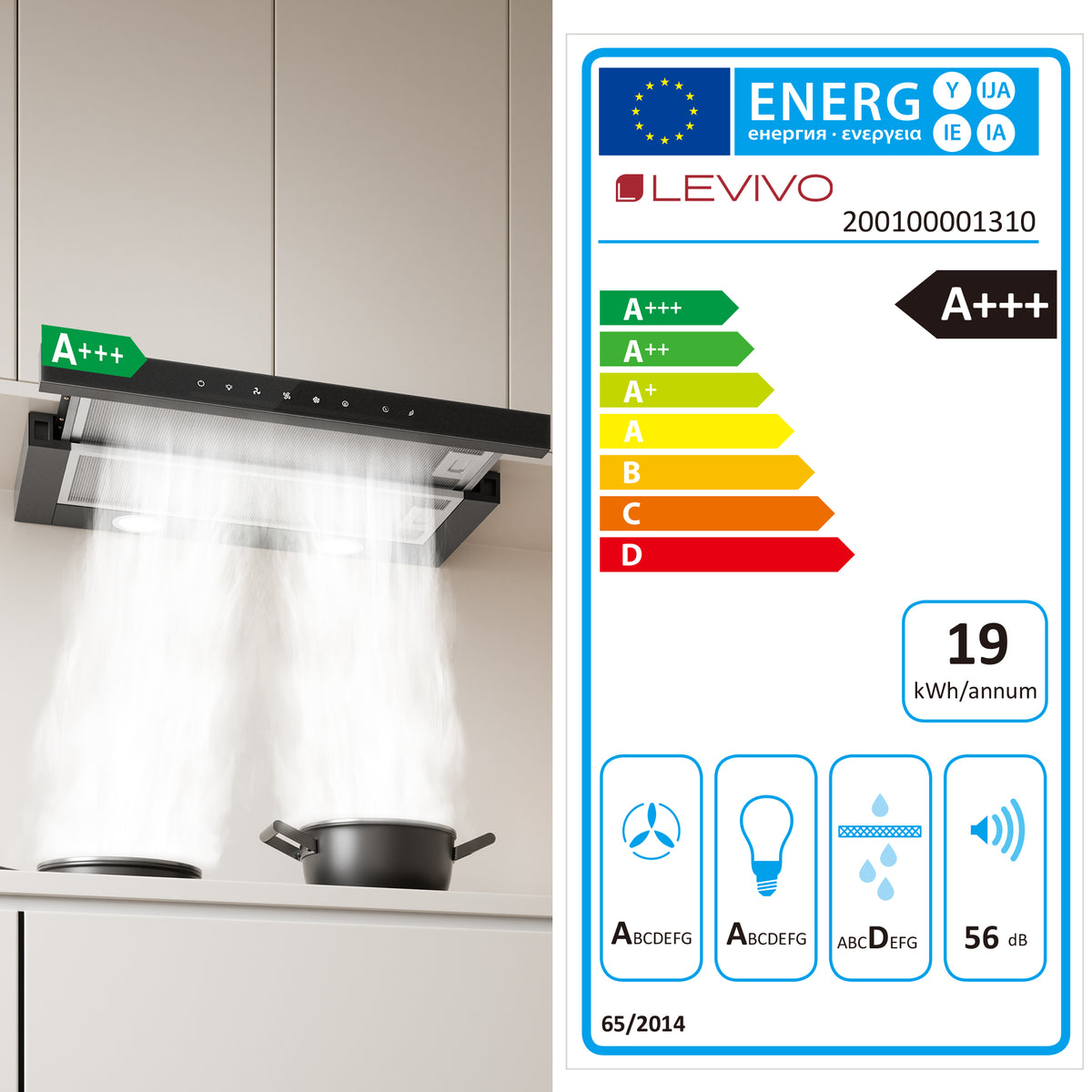 Hotte casquette A+++ 60 cm recyclage & évacuation avec 750 m³/h, hotte encastrable avec 2 filtres à charbon actif, 2 filtres à graisse, 3 vitesses & booster, 2 LED, hotte sous meuble 60 cm, noir