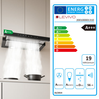Hotte casquette A+++ 60 cm recyclage & évacuation avec 750 m³/h, hotte encastrable avec 2 filtres à charbon actif, 2 filtres à graisse, 3 vitesses & booster, 2 LED, hotte sous meuble 60 cm, noir