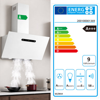 Hotte aspirante inclinée A+++ 60 cm, évacuation et recyclage, débit d'air 420 m³/h, 3 vitesses & booster, 2 LED, hotte avec 2 filtres à charbon actif, 1 filtre à graisse, hotte murale, noir & argent
