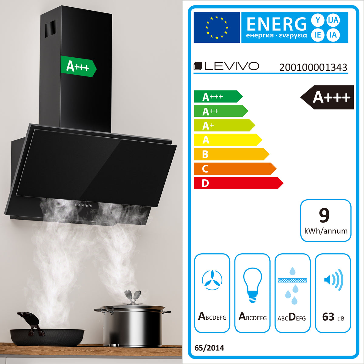 A+++ Angled cooker hood 60cm recirculation & extraction with 400 m³/h air extraction rate, extractor hood with 2 activated carbon filters, 1 grease filter, 3 speeds, 2 LEDs, wall-mounted cooker hoods, black & black-silver