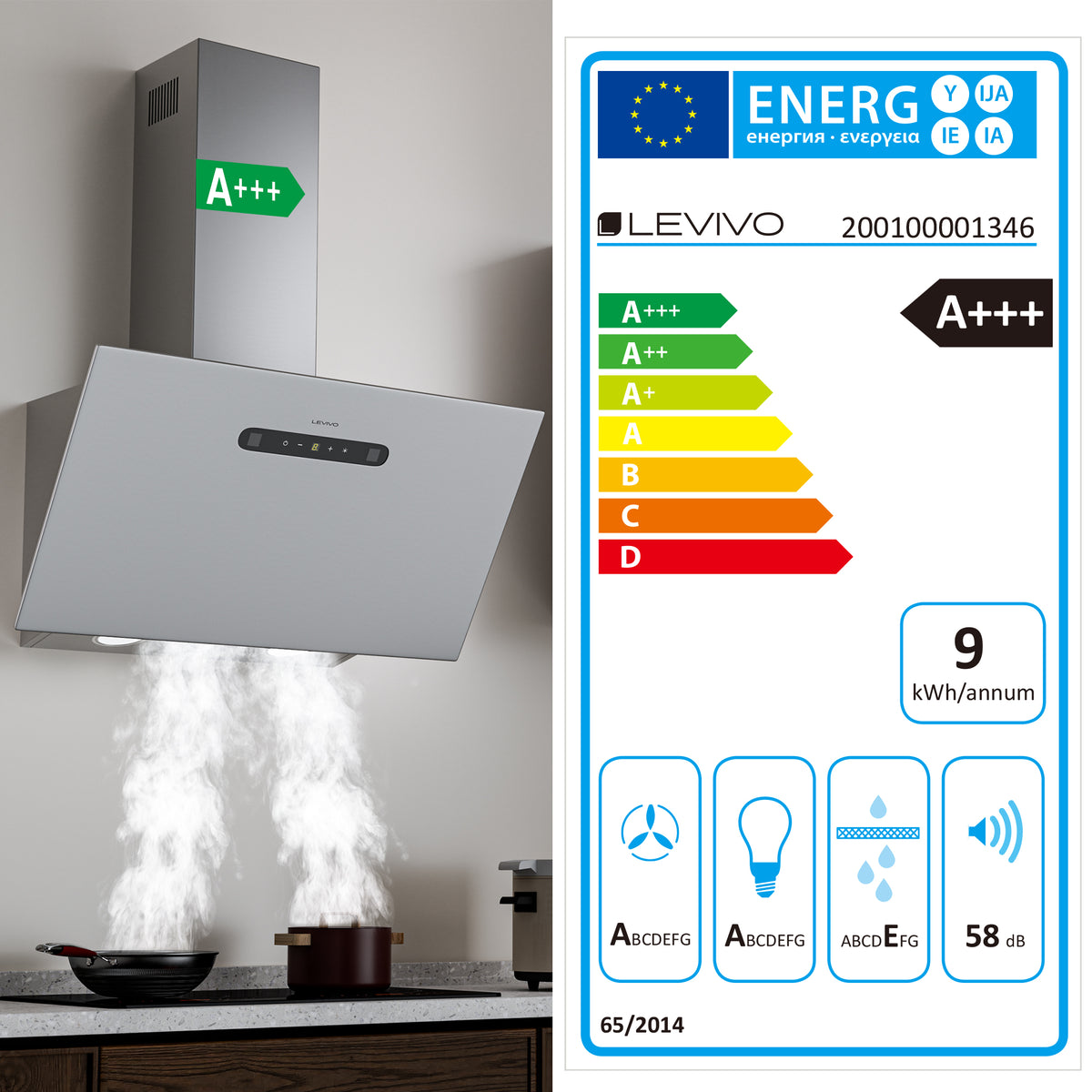 Hotte aspirante inclinée A+++ 60 cm, évacuation et recyclage, débit d'air 420 m³/h, 3 vitesses & booster, 2 LED, hotte avec 2 filtres à charbon actif, 1 filtre à graisse, hotte murale, noir & argent
