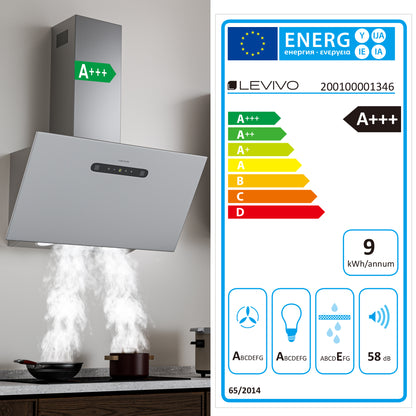 Hotte aspirante inclinée A+++ 60 cm, évacuation et recyclage, débit d'air 420 m³/h, 3 vitesses & booster, 2 LED, hotte avec 2 filtres à charbon actif, 1 filtre à graisse, hotte murale, noir & argent