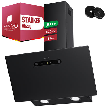 Hotte aspirante inclinée A+++ 60 cm, évacuation et recyclage, débit d'air 420 m³/h, 3 vitesses & booster, 2 LED, hotte avec 2 filtres à charbon actif, 1 filtre à graisse, hotte murale, noir & argent