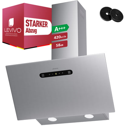Hotte aspirante inclinée A+++ 60 cm, évacuation et recyclage, débit d'air 420 m³/h, 3 vitesses & booster, 2 LED, hotte avec 2 filtres à charbon actif, 1 filtre à graisse, hotte murale, noir & argent