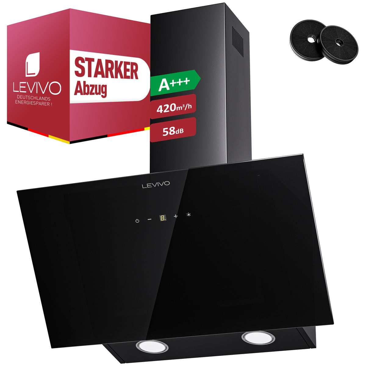 A+++ Angled cooker hood 60cm recirculation & extraction with 420 m³/h air extraction rate, extractor hood with 2 activated carbon filters, 1 grease filter, 3 speeds & booster, 2 LEDs, wall-mounted cooker hoods, black & white