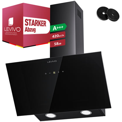 A+++ Angled cooker hood 60cm recirculation & extraction with 420 m³/h air extraction rate, extractor hood with 2 activated carbon filters, 1 grease filter, 3 speeds & booster, 2 LEDs, wall-mounted cooker hoods, black & white