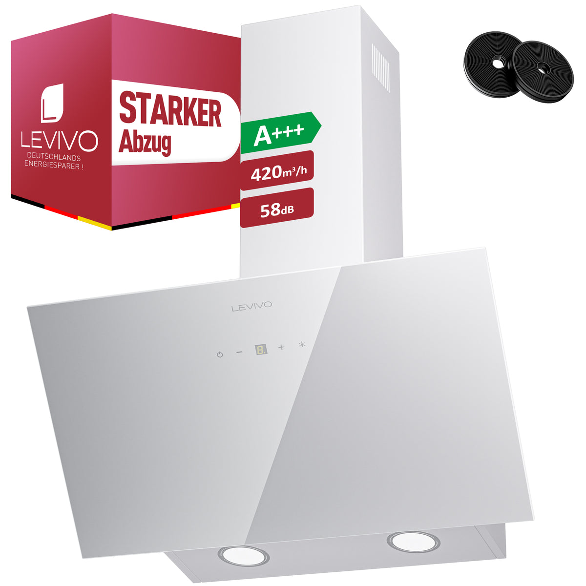 A+++ Angled cooker hood 60cm recirculation & extraction with 420 m³/h air extraction rate, extractor hood with 2 activated carbon filters, 1 grease filter, 3 speeds & booster, 2 LEDs, wall-mounted cooker hoods, black & white