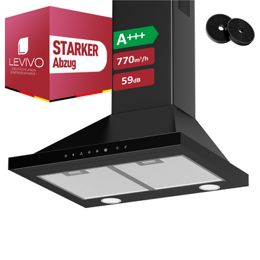 A+++ Dunstabzugshaube 60cm Umluft & Abluft mit 770 m³/h Luftleistung, Abzugshaube mit 2 Aktivkohlefiltern, 2 Fettfiltern, 3 Stufen & Booster, 2 LEDs, Dunstabzug Wandhauben, Silber & Schwarz