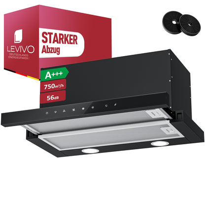 Hotte casquette A+++ 60 cm recyclage & évacuation avec 750 m³/h, hotte encastrable avec 2 filtres à charbon actif, 2 filtres à graisse, 3 vitesses & booster, 2 LED, hotte sous meuble 60 cm, noir